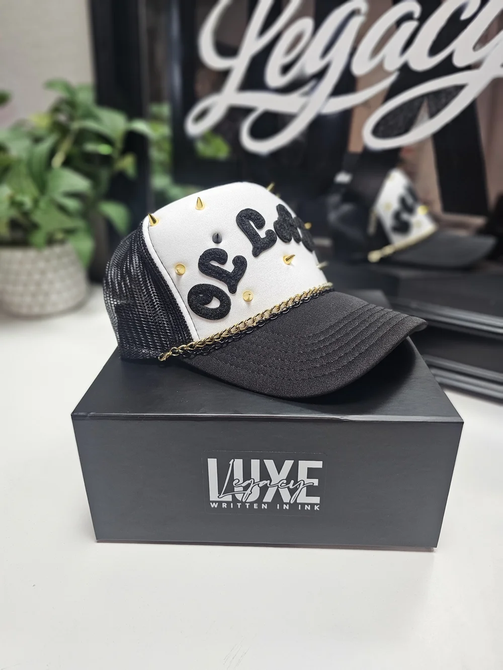 'Ol Lady' Custom Black & White Studded Trucker Hat